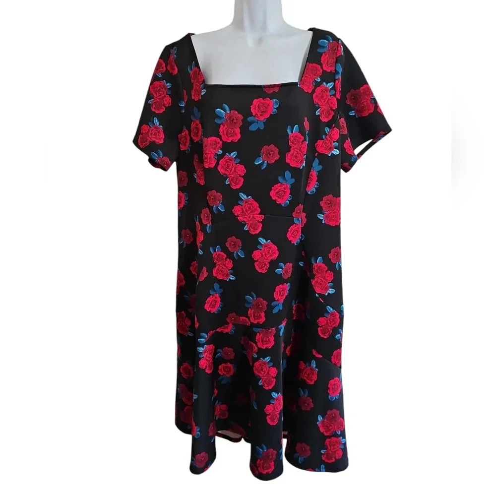 Lane Bryant Black Red Rose Floral Fit and Flare Dress Square Neck Size 18 NWOT - Picture 2 of 7